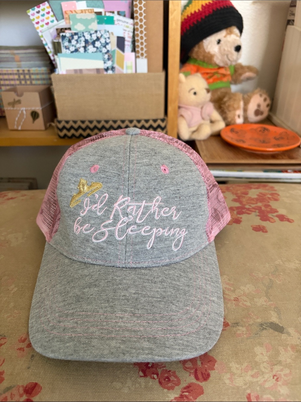 NWOT Disney Gray Pink Sleeping Beauty Aurora Mesh Trucker Hat, One Size Adult